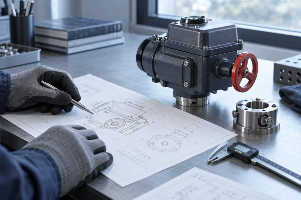 Illustrative valve actuator planning scene with a drawing and mounting components.