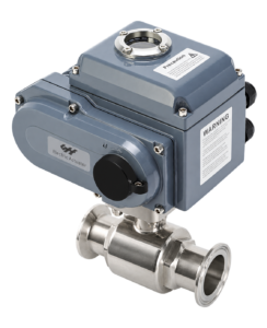 Electric sanitary ball valve with gray actuator and stainless steel clamp connections