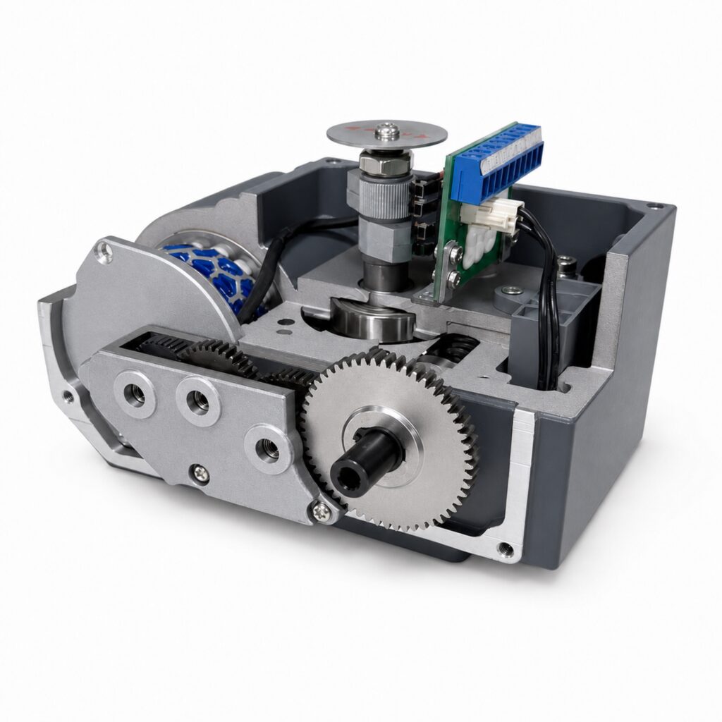 Electric actuator internal assembly showing the gear train, drive shaft and wiring terminals