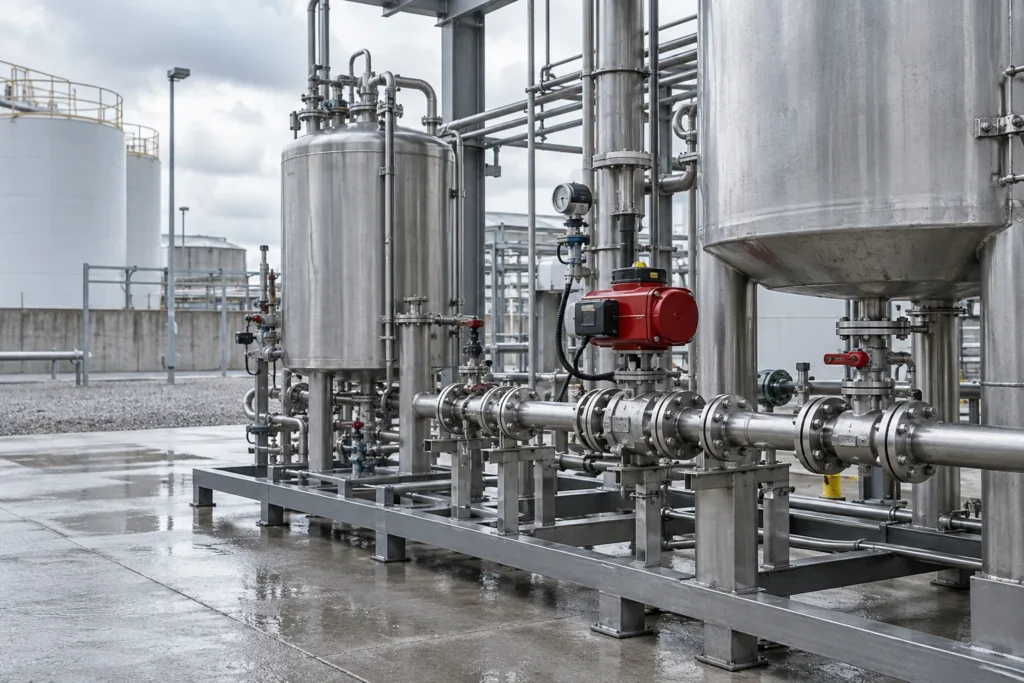AI-generated chemical process skid with stainless vessels and actuated piping.