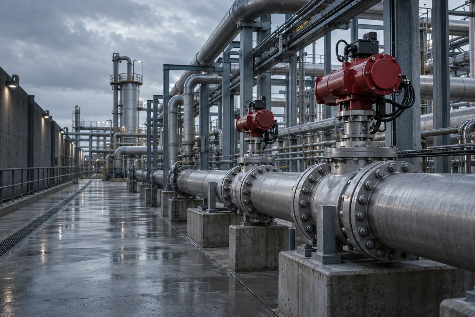 AI-generated industrial utility pipe gallery with red valve actuators.