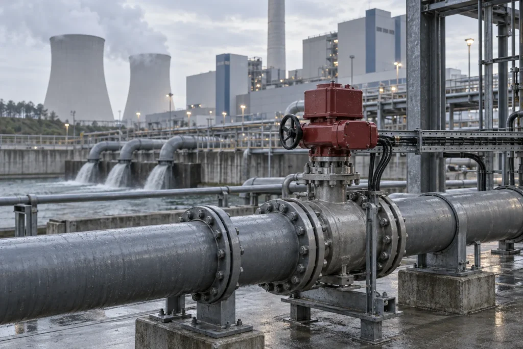 AI-generated power station cooling-water pipework with a valve actuator.