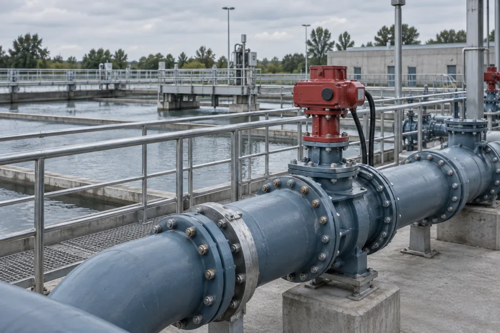 AI-generated water treatment scene with flanged pipes and a valve actuator.