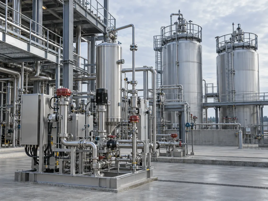 Chemical processing vessels with a stainless steel fluid transfer and dosing skid.