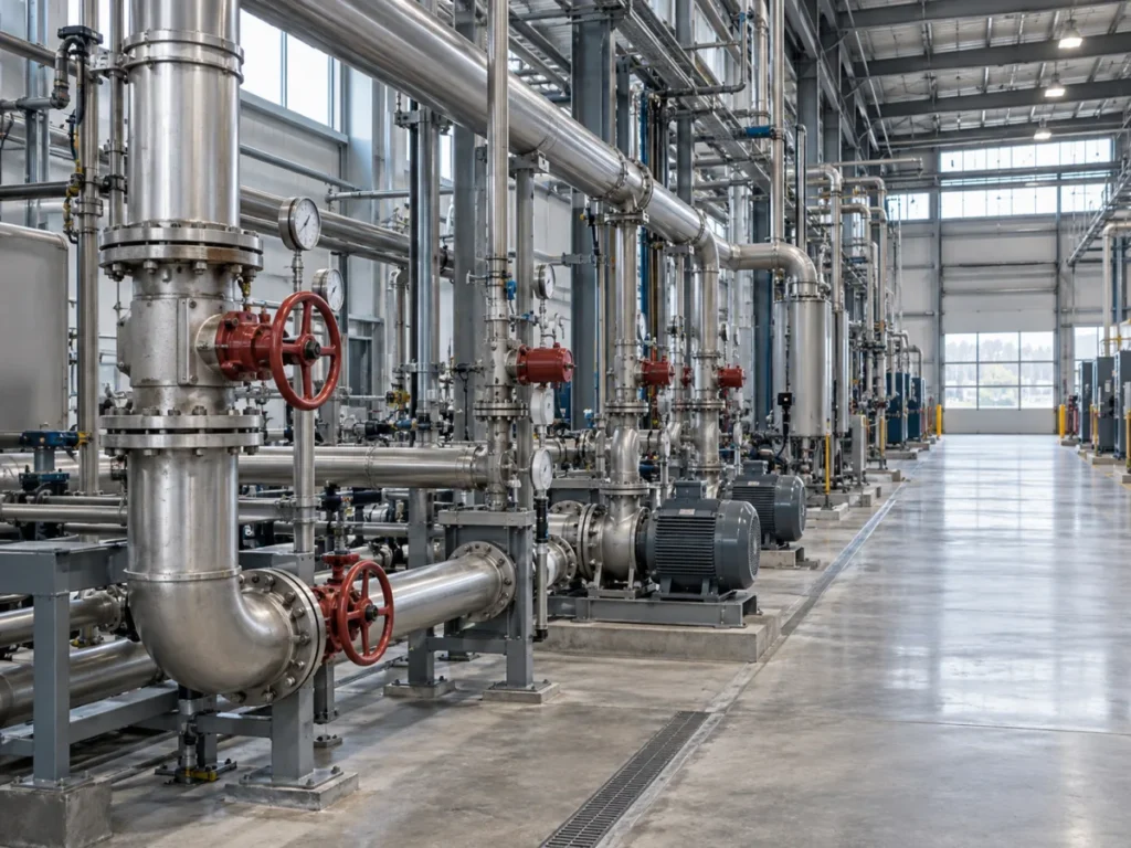 Factory utility hall with stainless steel process pipework, valves and pump systems.