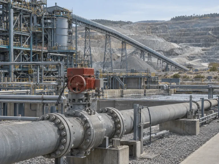 Mineral processing facility with slurry pipework, a conveyor and a terraced open-pit mine.