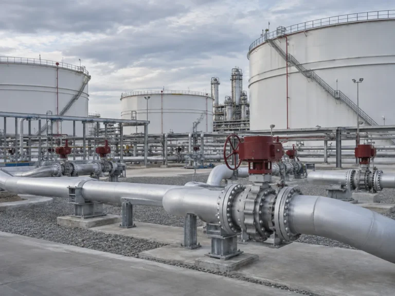 Oil and gas storage tanks with transfer pipelines and isolation valves.