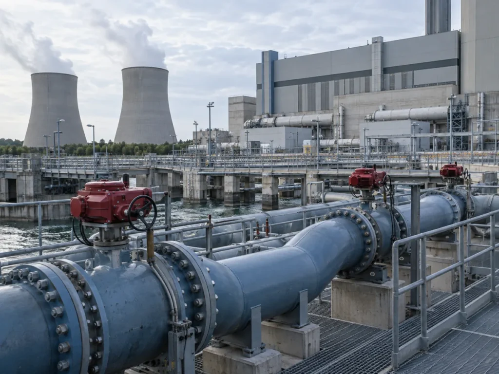 Power station cooling-water pipelines with valves and cooling towers in the background.