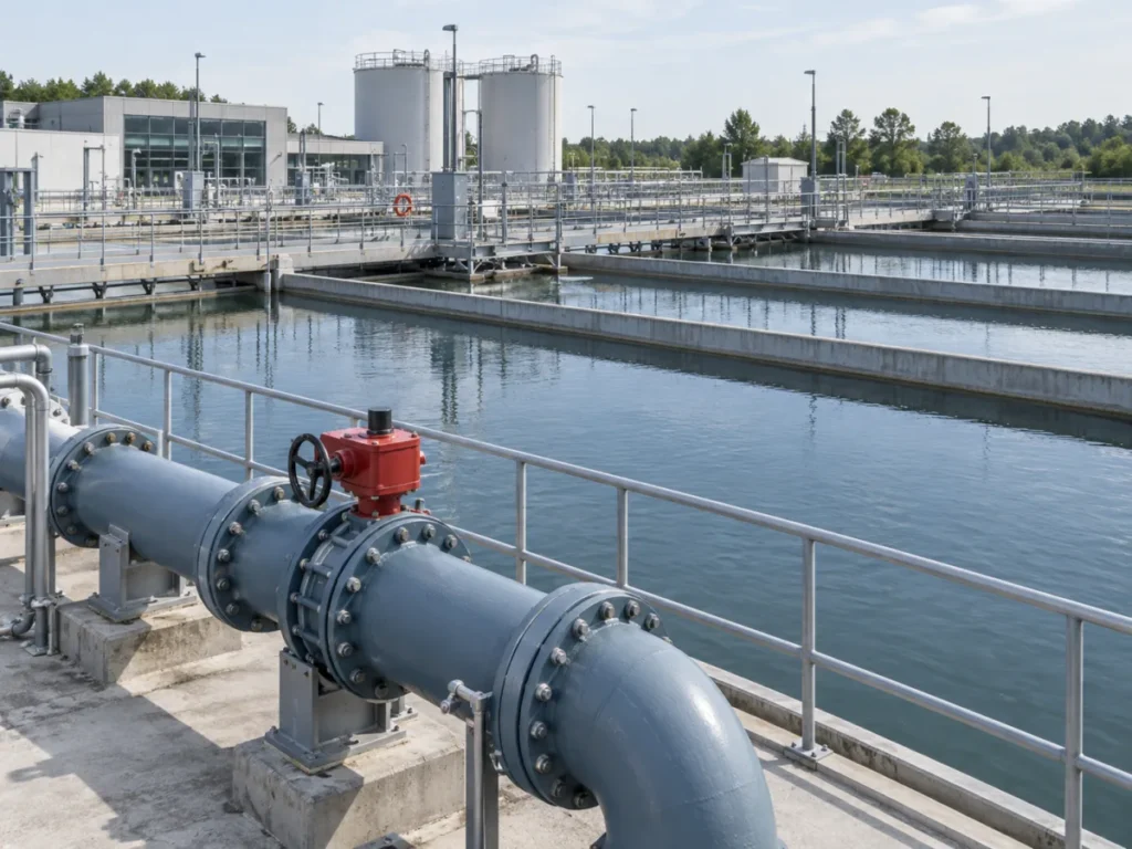 Water treatment basins with flanged distribution pipework and a red valve drive.
